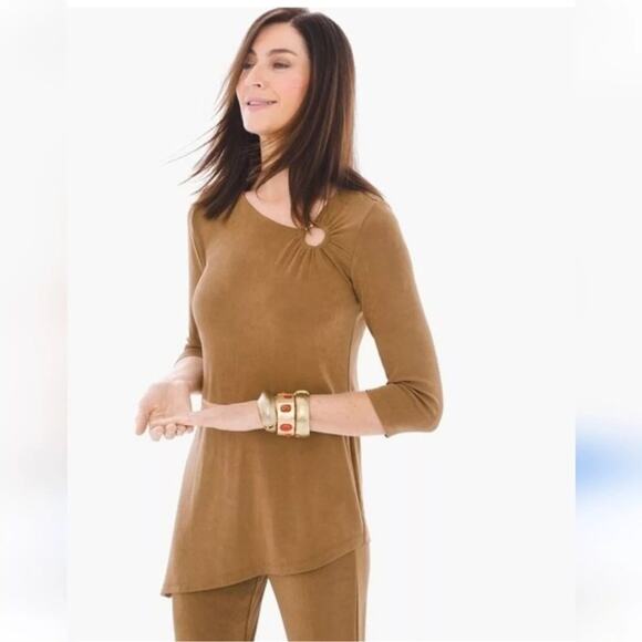 Chico's Tops - Chico’s Caramel Brown Travelers Gold Ring Asymmetrical Top Stretch Tunic Fall